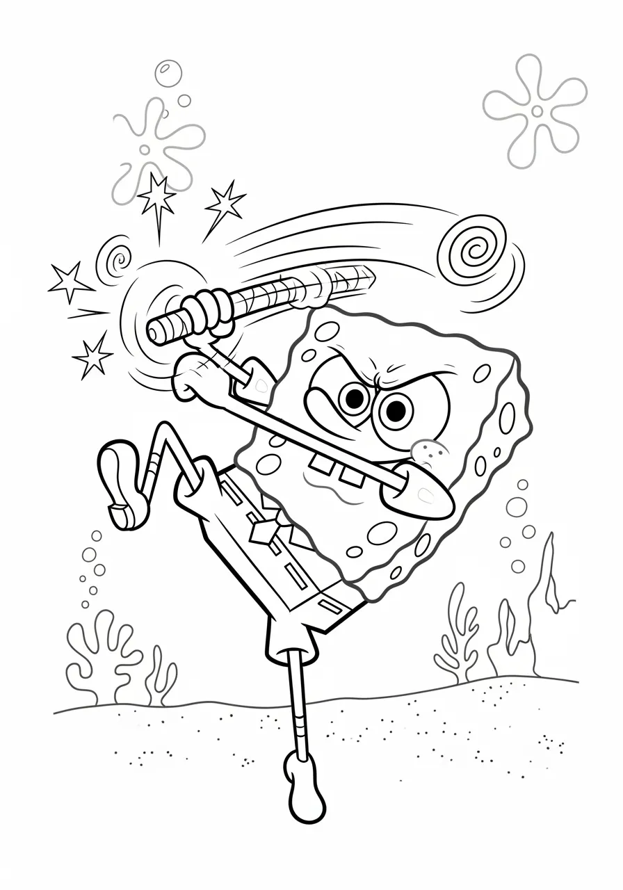 Imagem de Bob Esponja praticando karaté debaixo d'água com fundo marinho