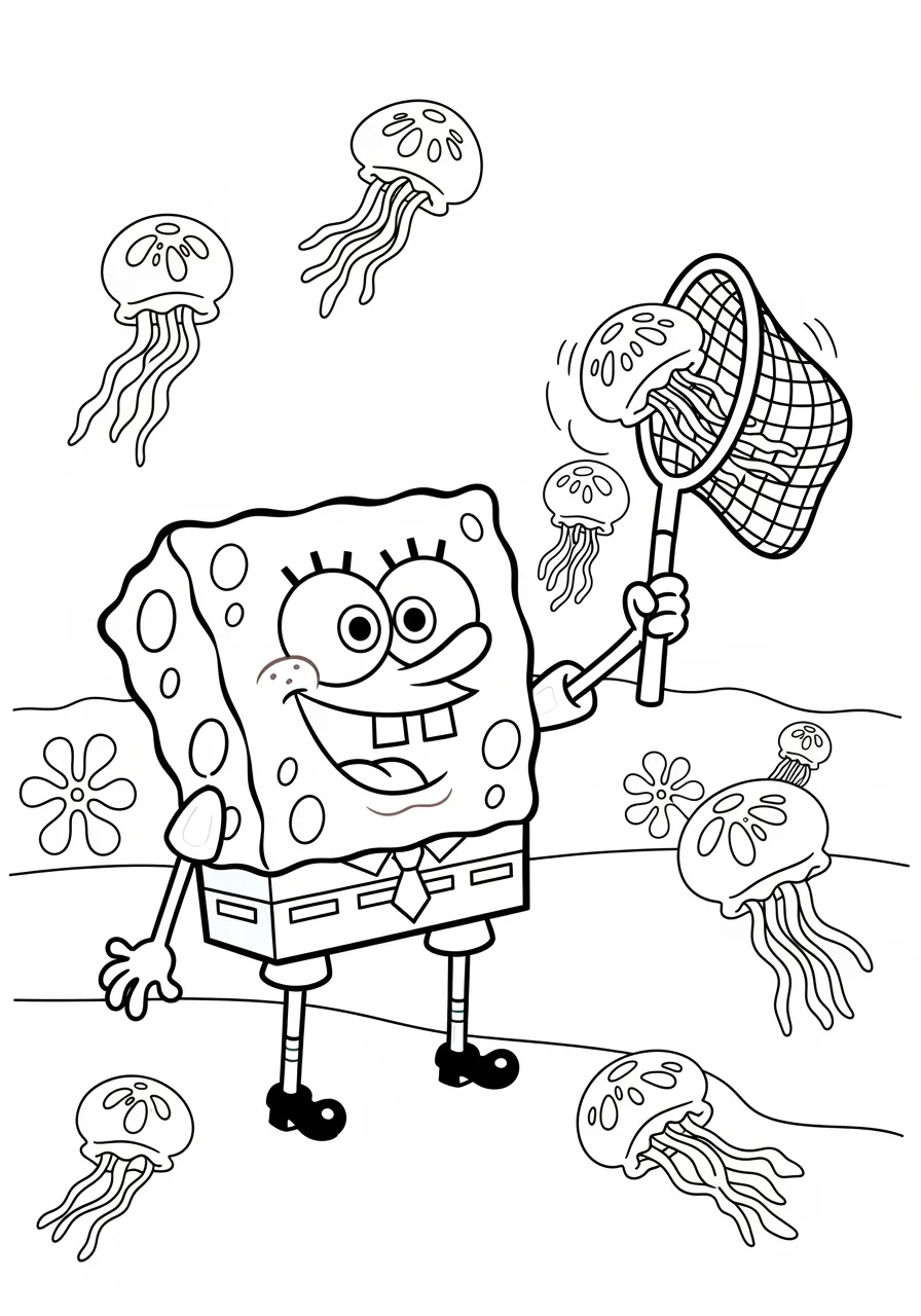 Bob Esponja feliz pescando água-vivas no mar com uma rede