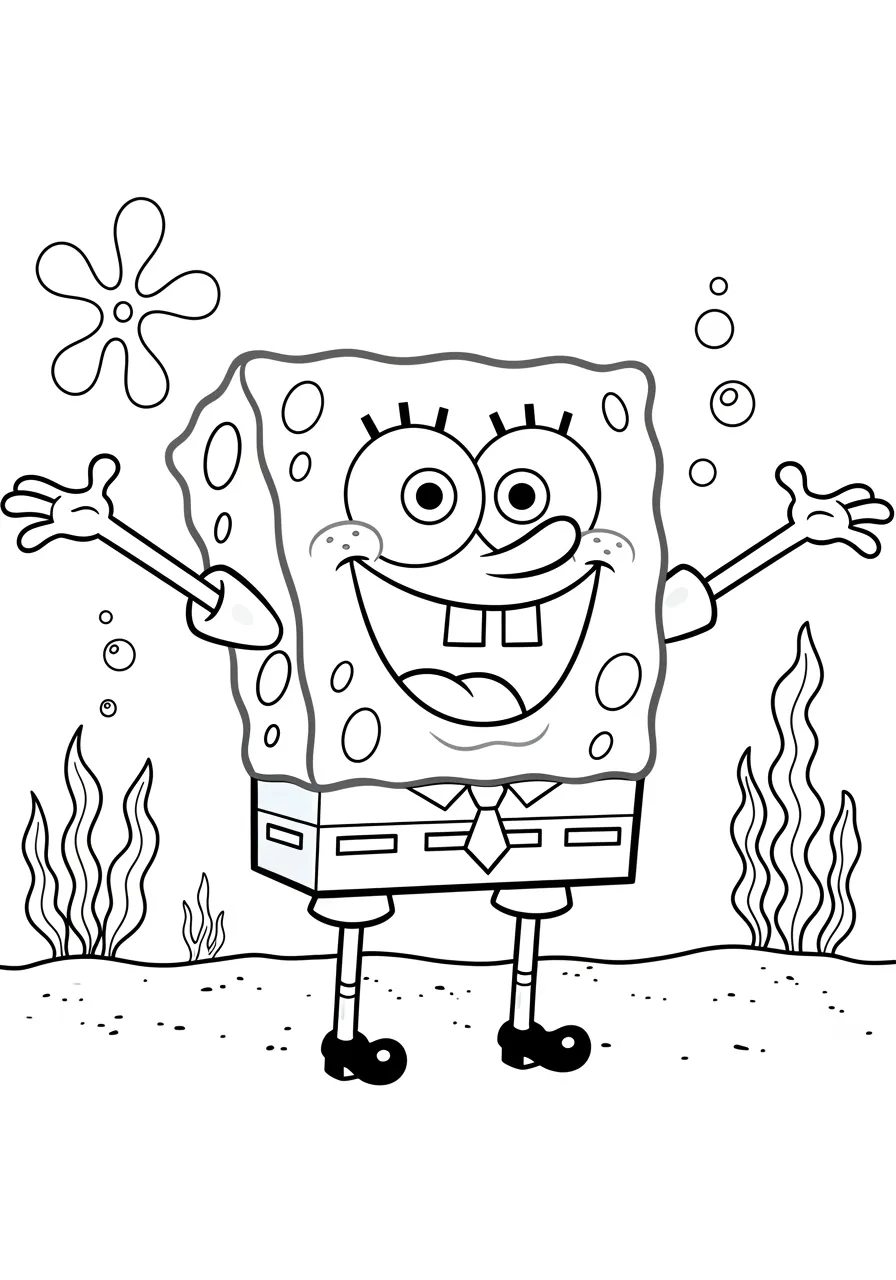 Desenho para colorir de Bob Esponja sorrindo com braços abertos