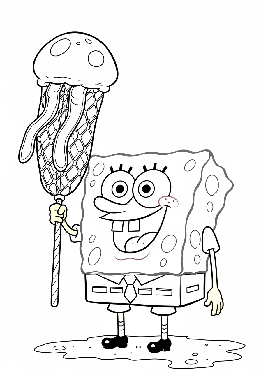 Bob Esponja segurando uma rede de água-viva para colorir