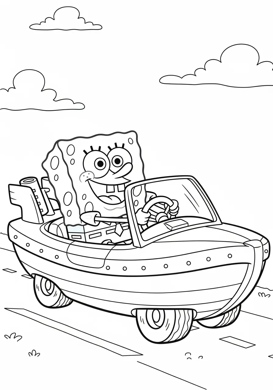 Imagem de Bob Esponja dirigindo um barco em uma estrada para colorir