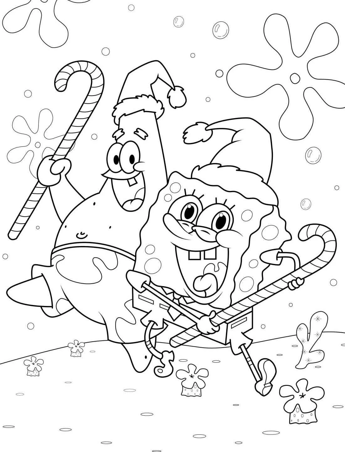 Bob Esponja e Patrick usando chapéus de Natal e segurando bengalas doces