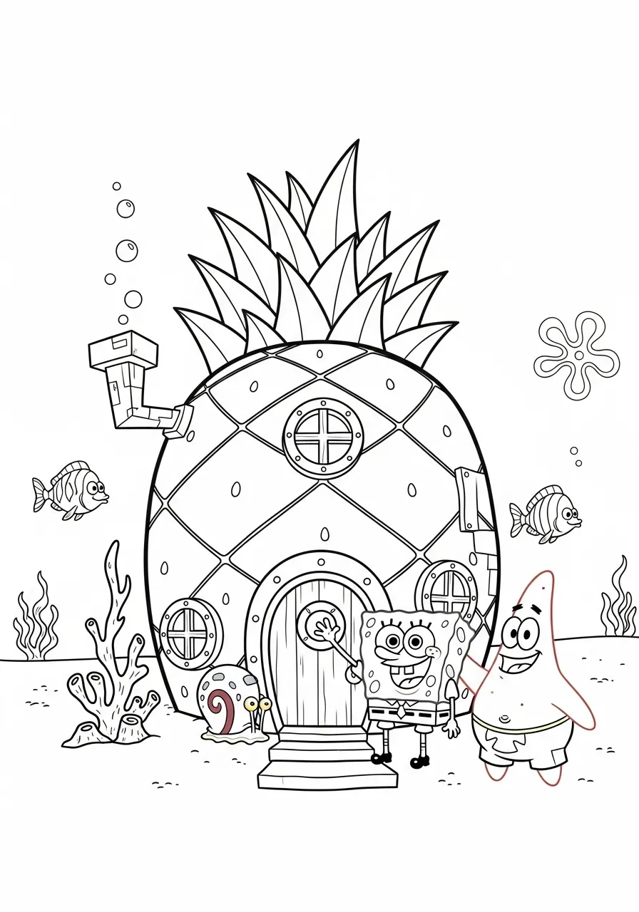 Bob Esponja e Patrick em frente à casa abacaxi no fundo do mar
