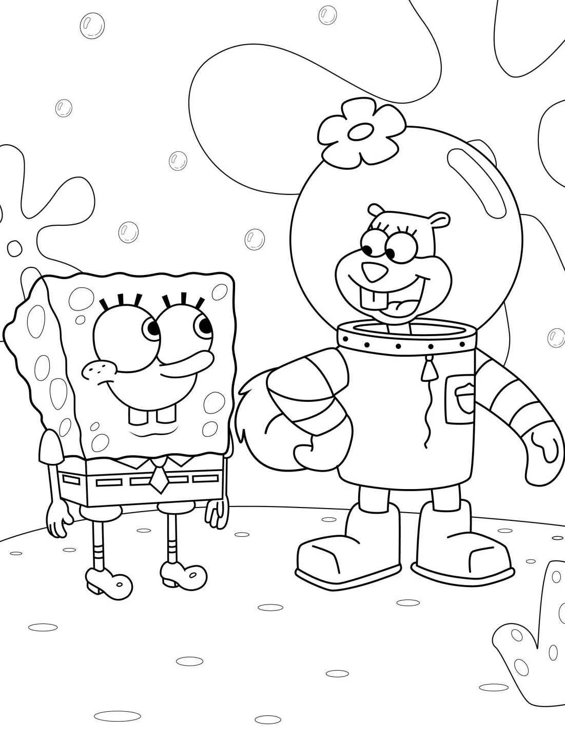 Imagem para colorir de Bob Esponja e Sandy sorrindo juntos