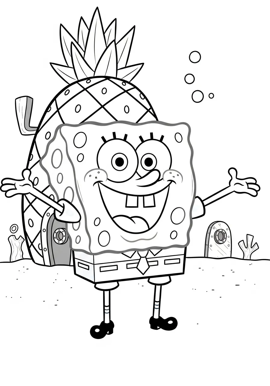 Desenho para colorir de Bob Esponja sorrindo em frente à sua casa abacaxi
