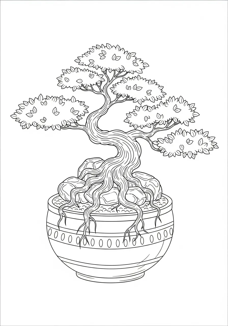 Desenho detalhado de um bonsai em um vaso para colorir