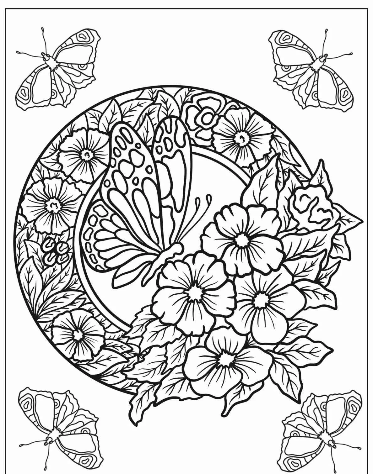 Desenho detalhado de borboleta com flores para colorir
