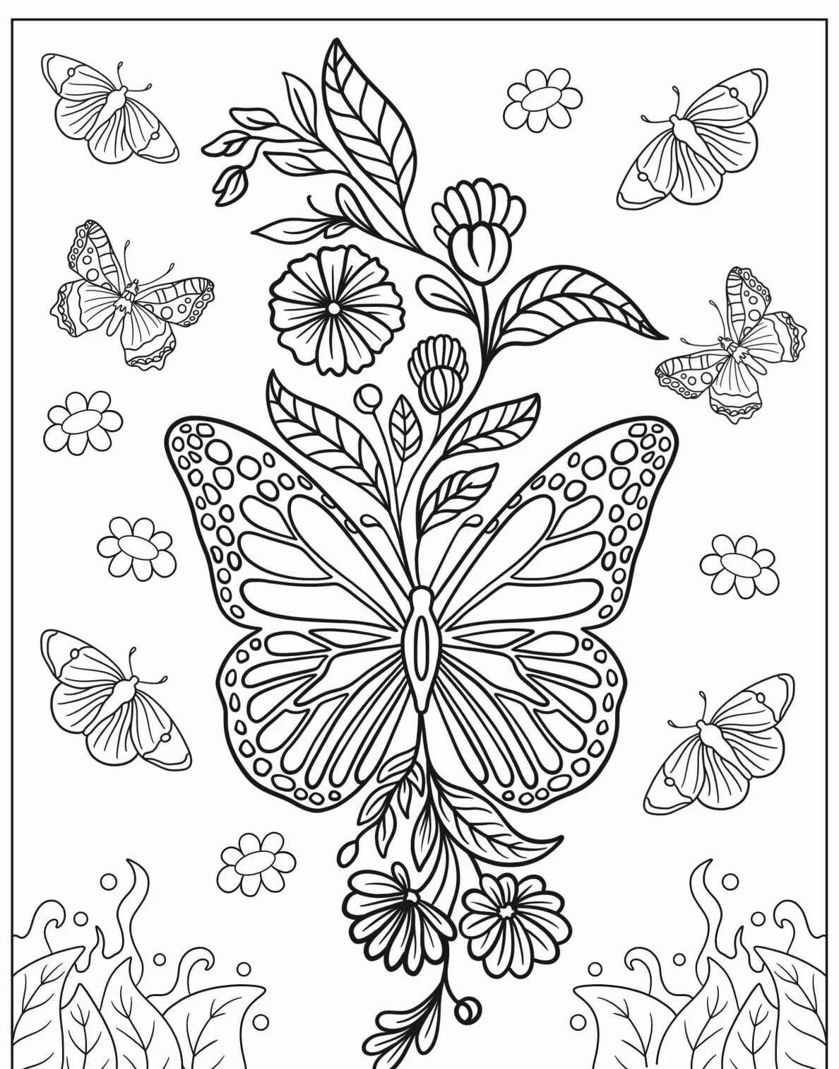 Desenho detalhado de borboleta com flores ao redor para colorir