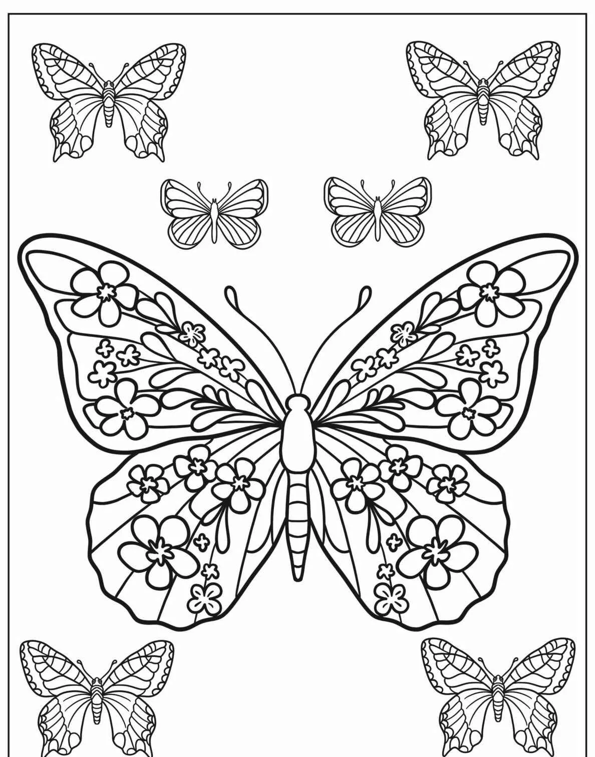 Imagem de uma borboleta com padrões florais e outras borboletas ao redor para colorir