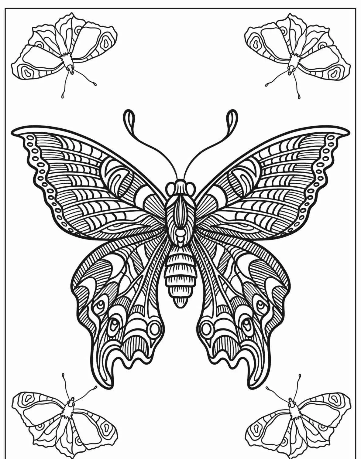 Desenho de uma borboleta grande detalhada cercada por borboletas menores para colorir