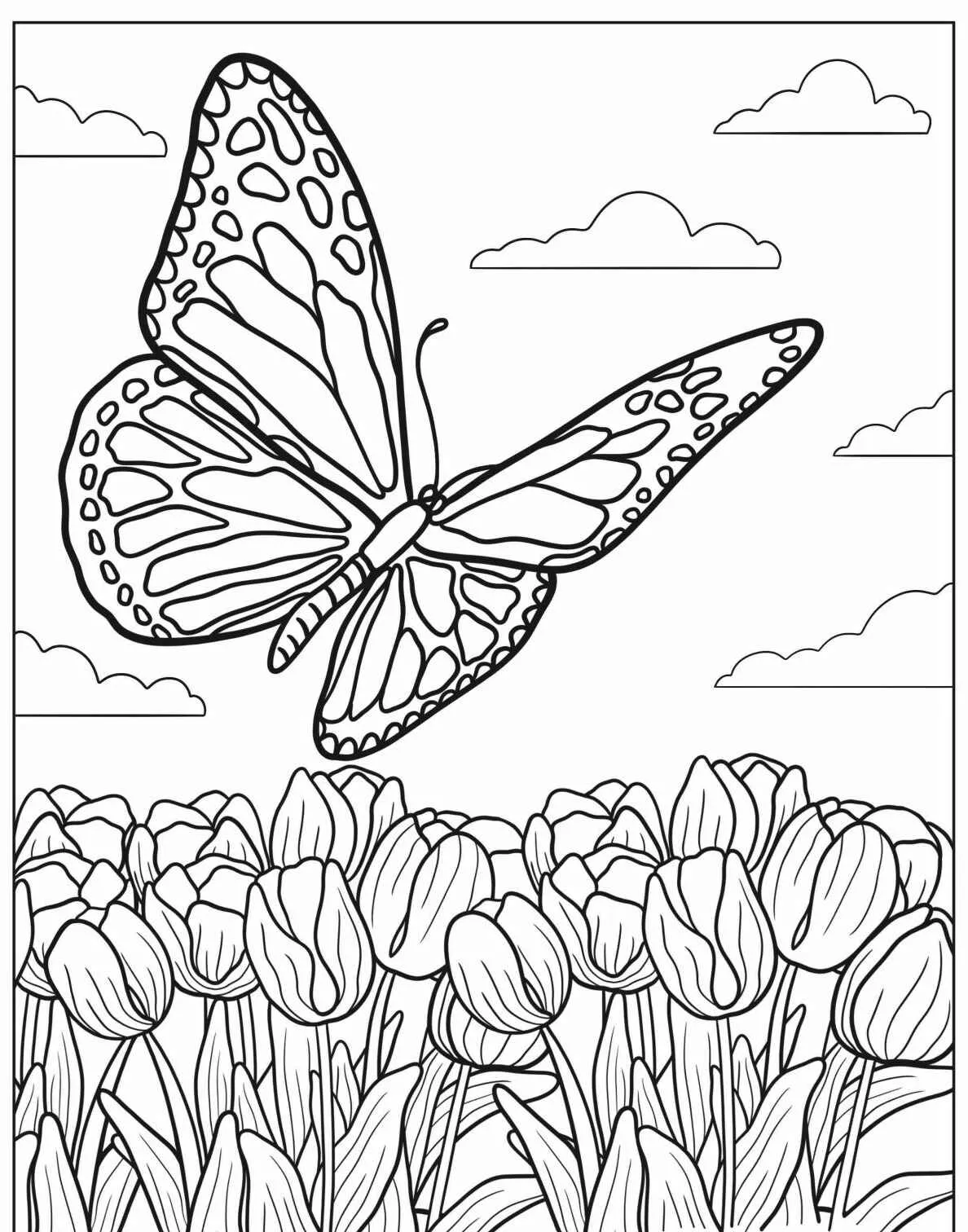 Imagem de uma borboleta voando sobre um campo de tulipas para colorir