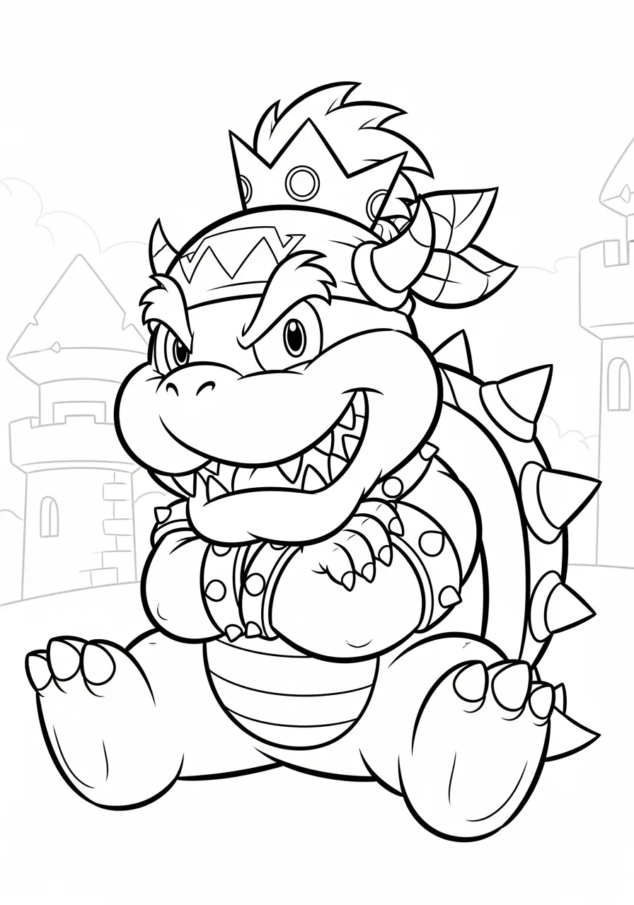 Imagem para colorir de Bowser Jr. sentado em frente a um castelo