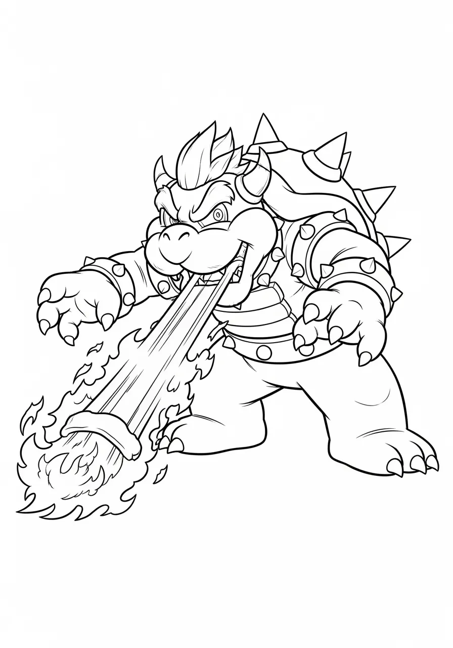 Imagem de Bowser do Super Mario lançando fogo, pronta para colorir