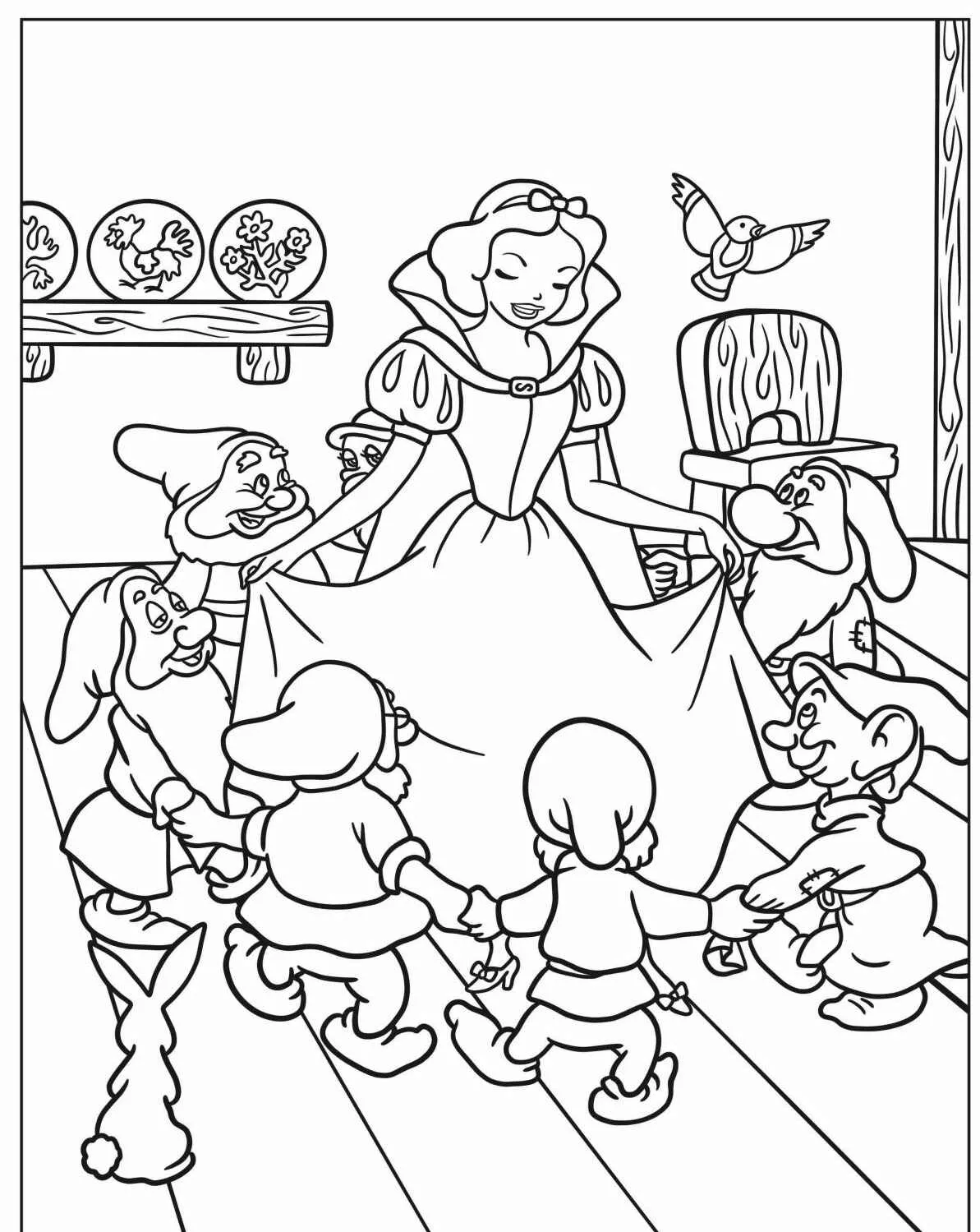 Imagem de Branca de Neve brincando com os sete anões em uma cabana para colorir