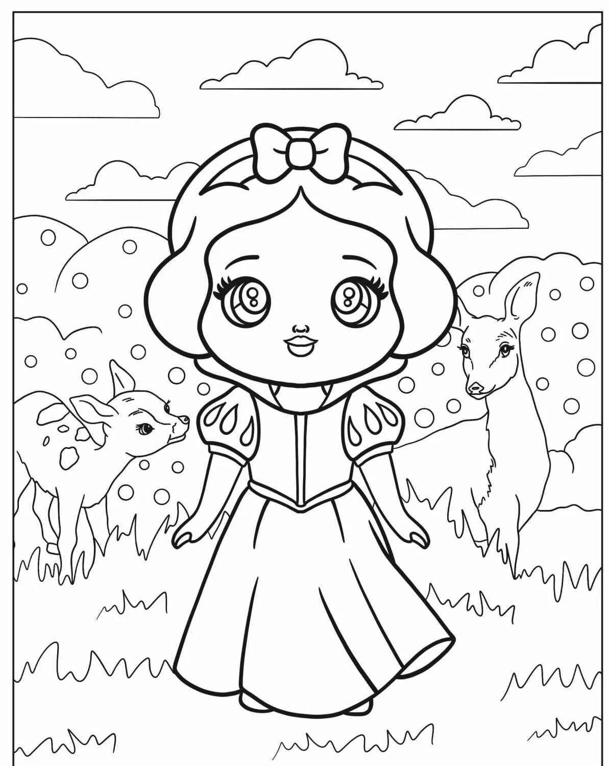 Imagem de Branca de Neve em um campo com um cervo e um filhote para colorir