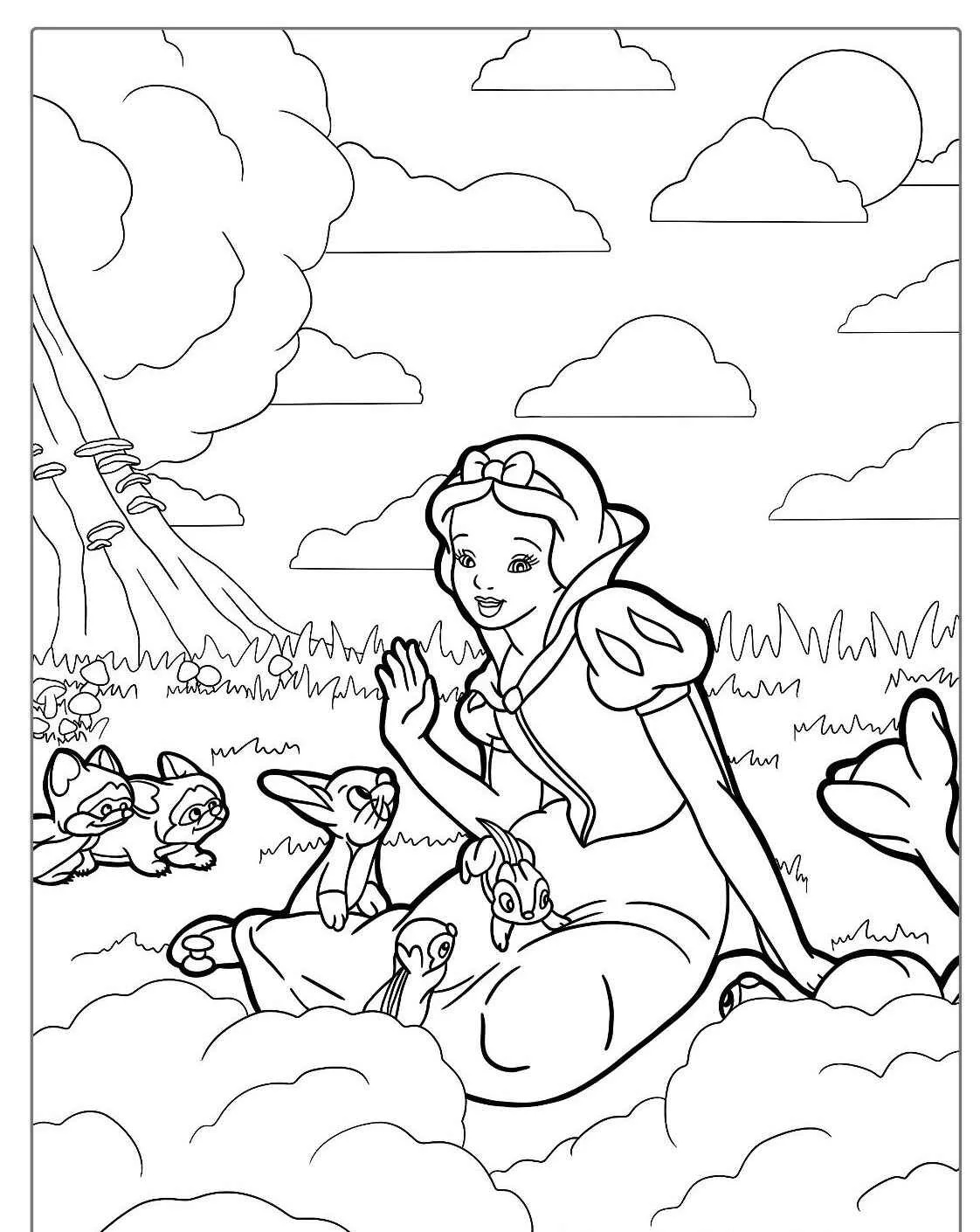 Branca de Neve sentada na floresta cercada por animais para colorir