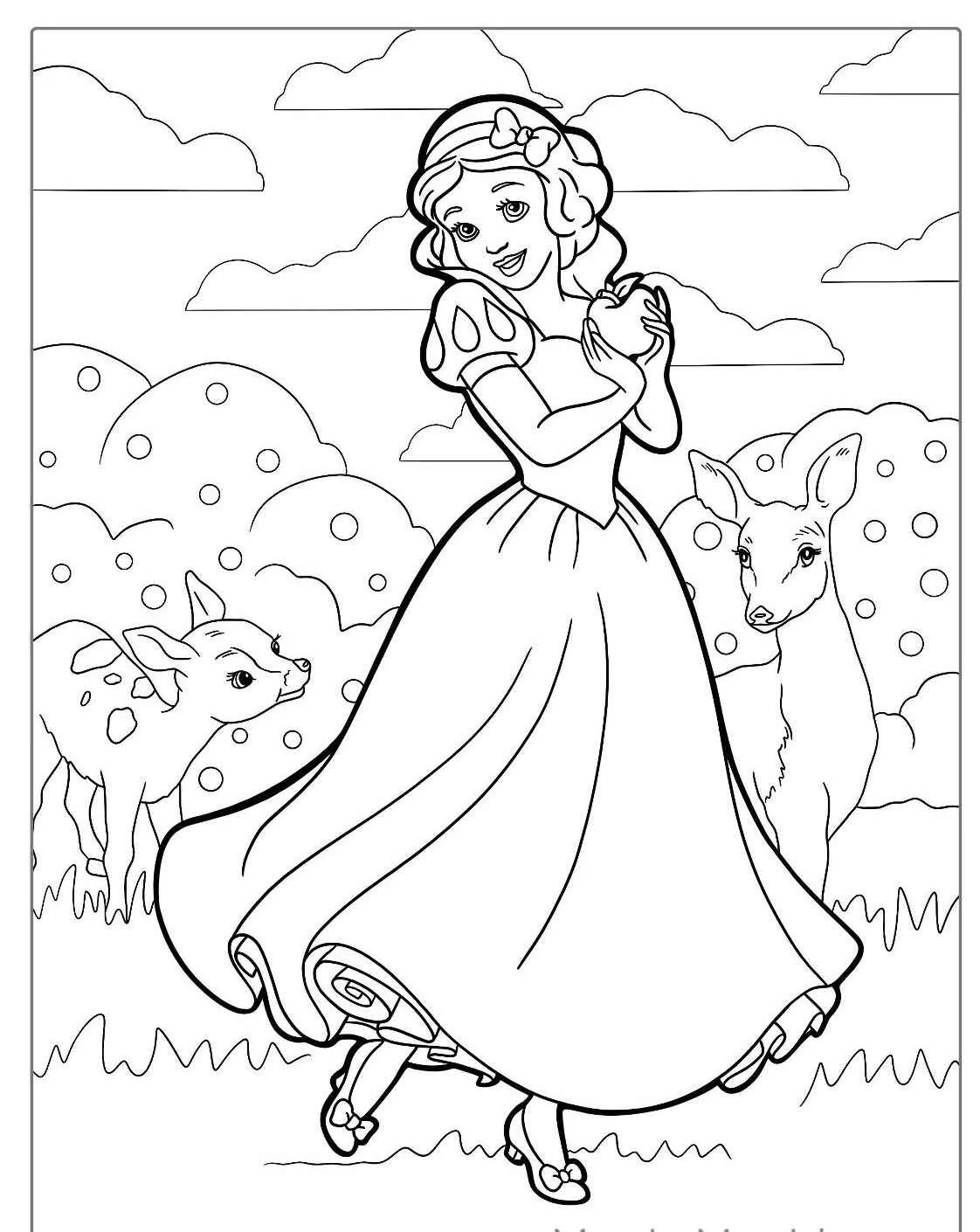 Branca de Neve sorrindo com um cervo e seu filhote ao lado, em um cenário de natureza para colorir