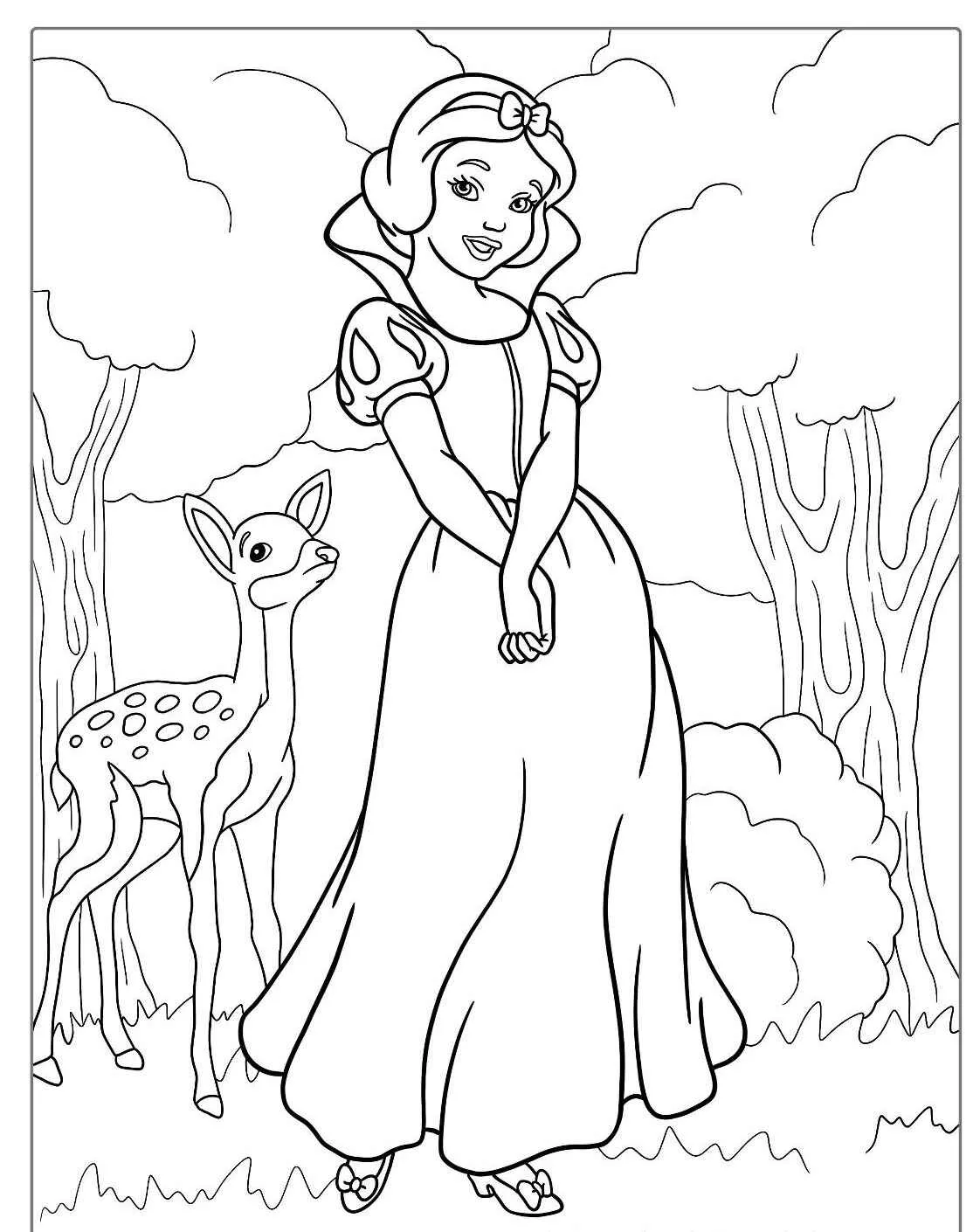 Desenho para colorir de Branca de Neve sorrindo ao lado de um cervo na floresta