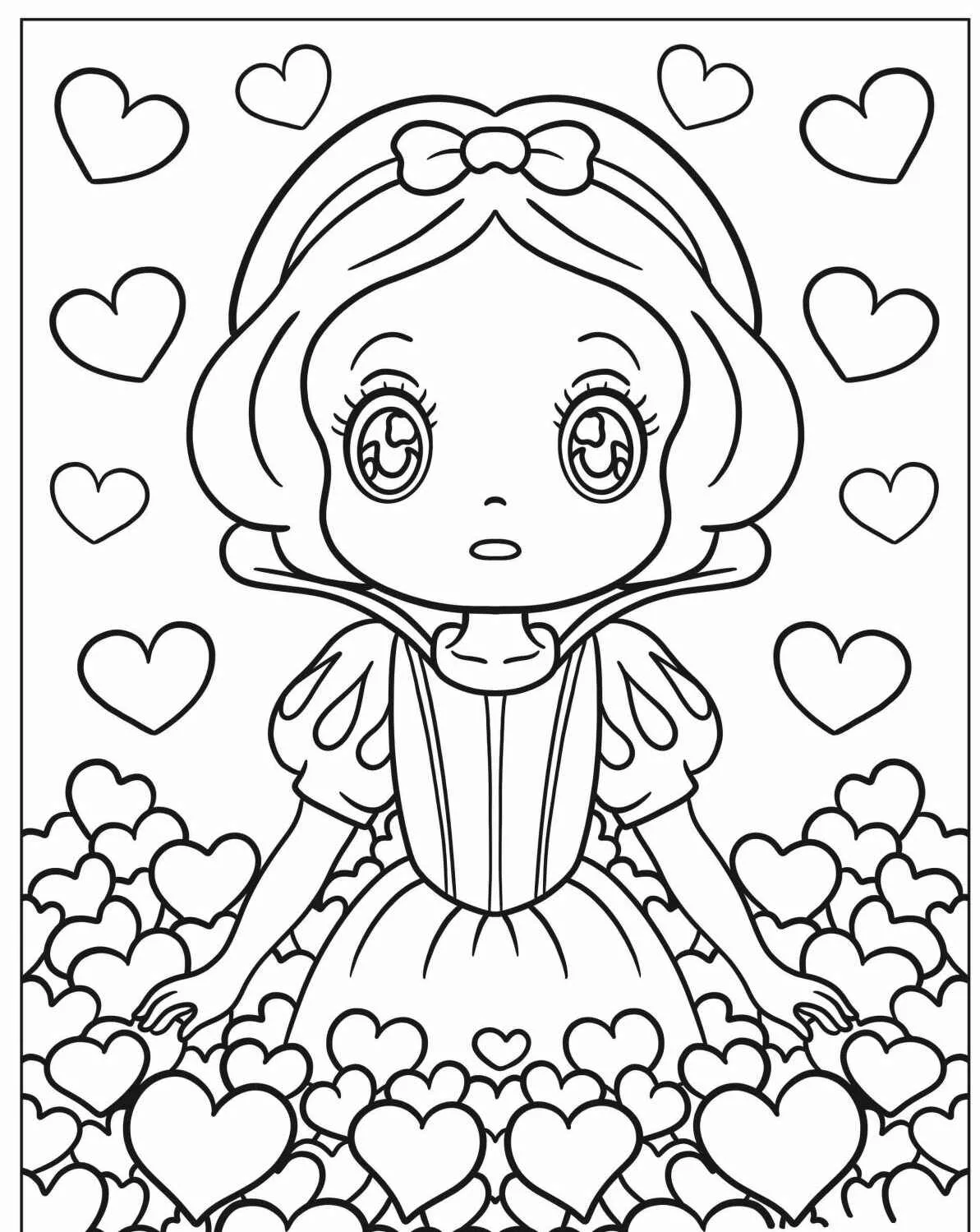 Desenho de Branca de Neve cercada por corações para colorir
