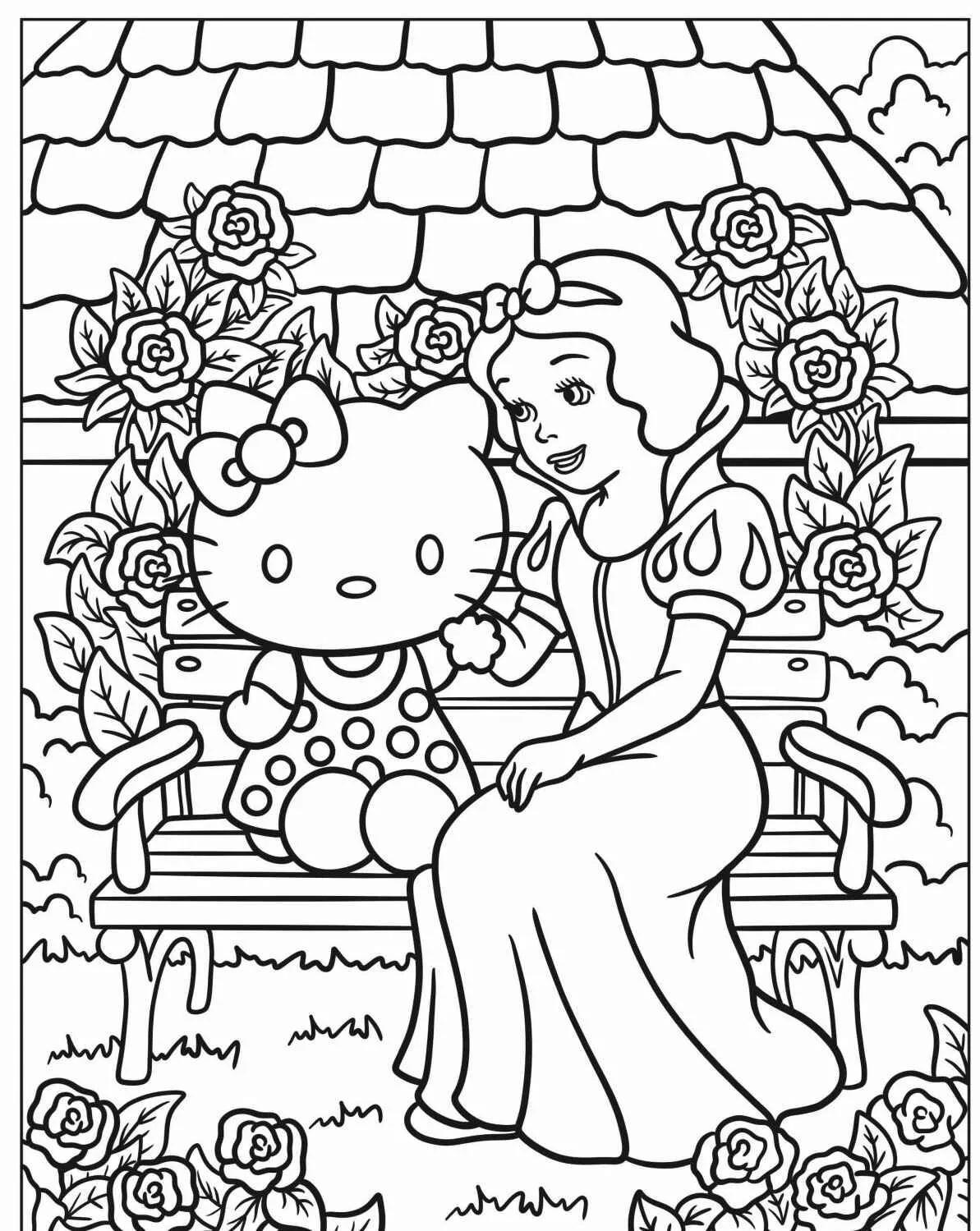 Imagem para colorir de Branca de Neve sentada em um banco de jardim com Hello Kitty, cercadas por rosas.