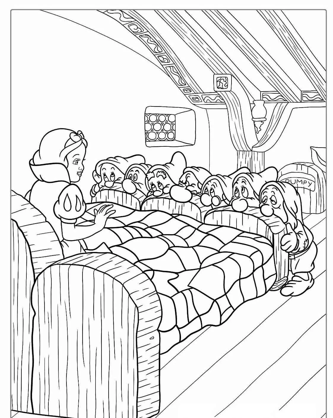 Branca de Neve cercada pelos Sete Anões ao redor de uma cama em um desenho para colorir