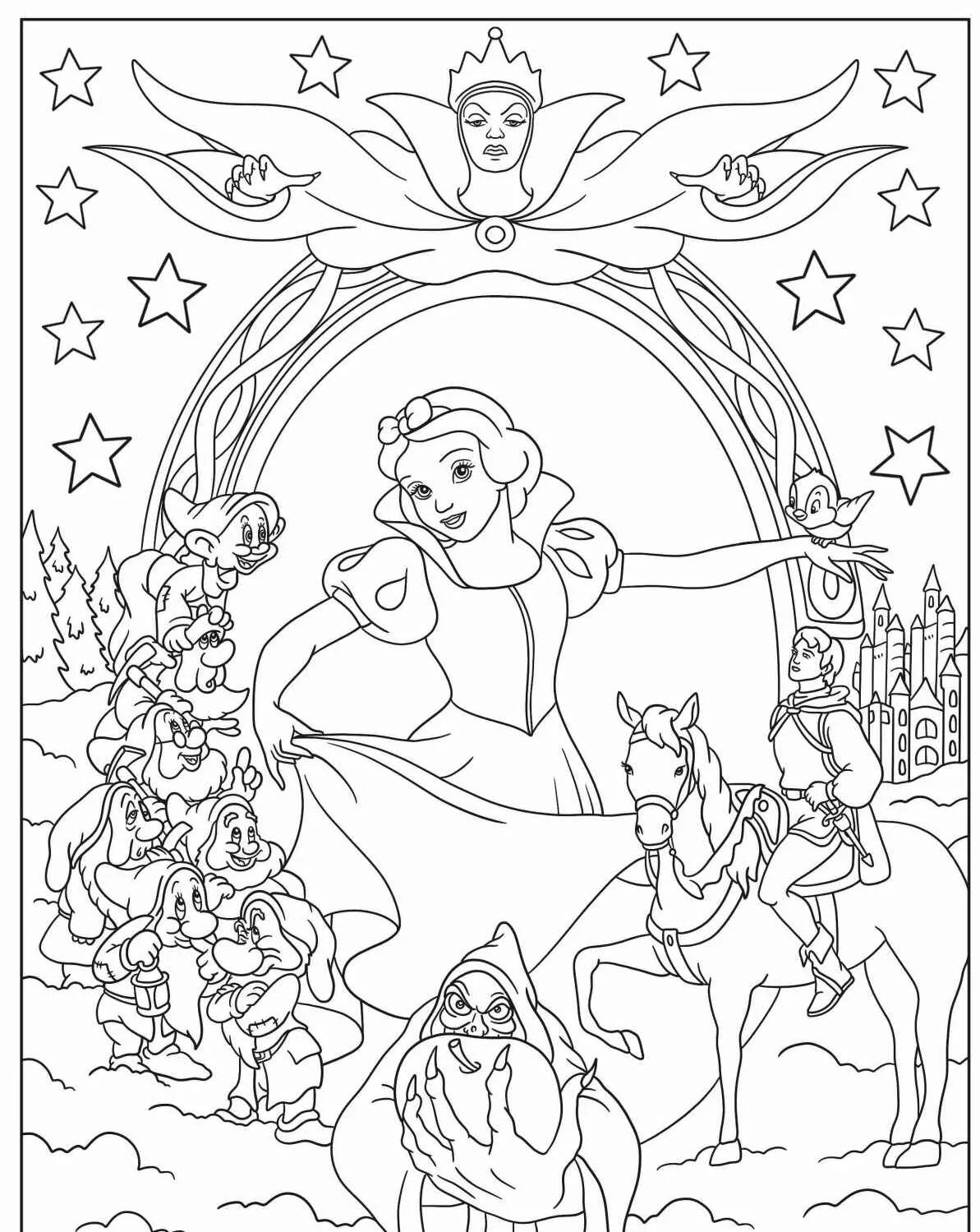 Desenho para colorir de Branca de Neve com os Sete Anões e o Príncipe