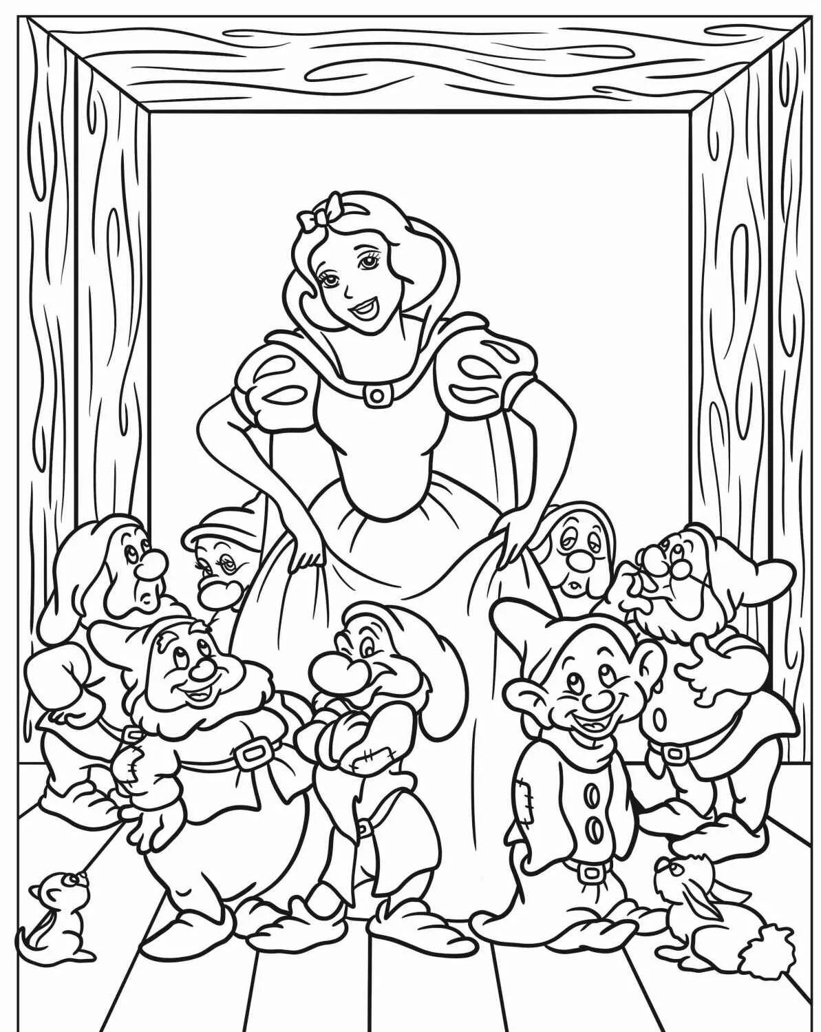 Imagem para colorir de Branca de Neve com os Sete Anões em uma casa de madeira