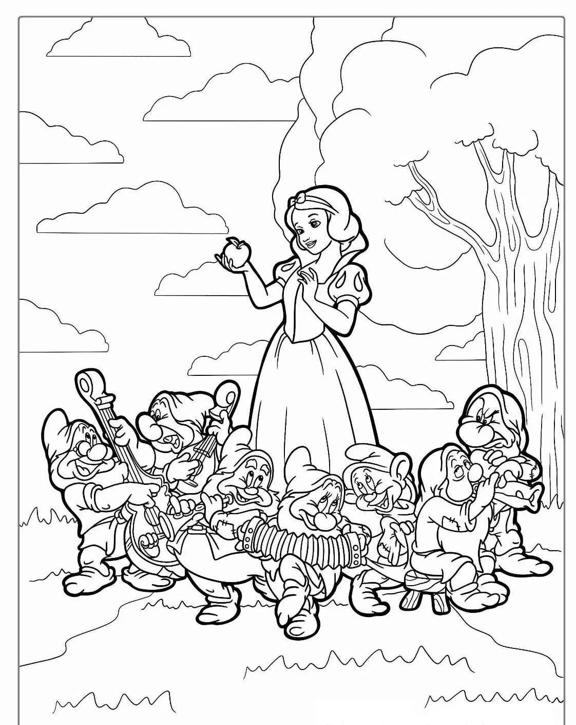 Imagem para colorir de Branca de Neve com os Sete Anões em um jardim