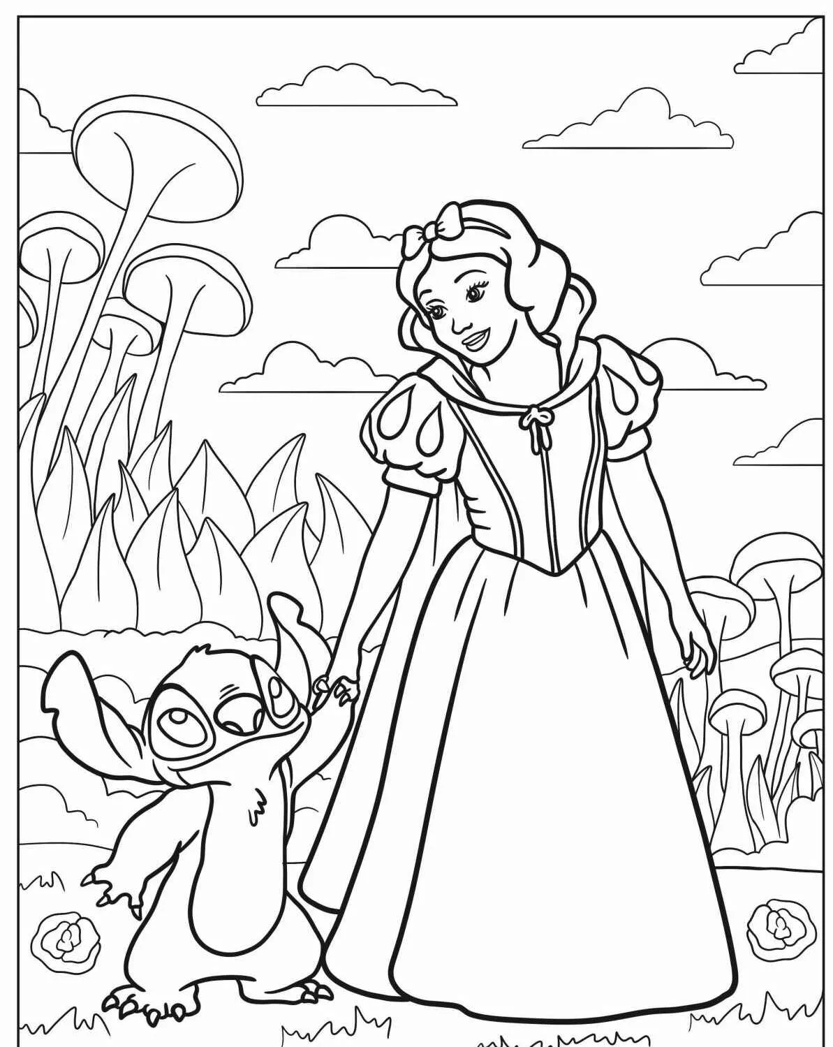 Branca de Neve segurando a mão de um personagem alienígena em um jardim
