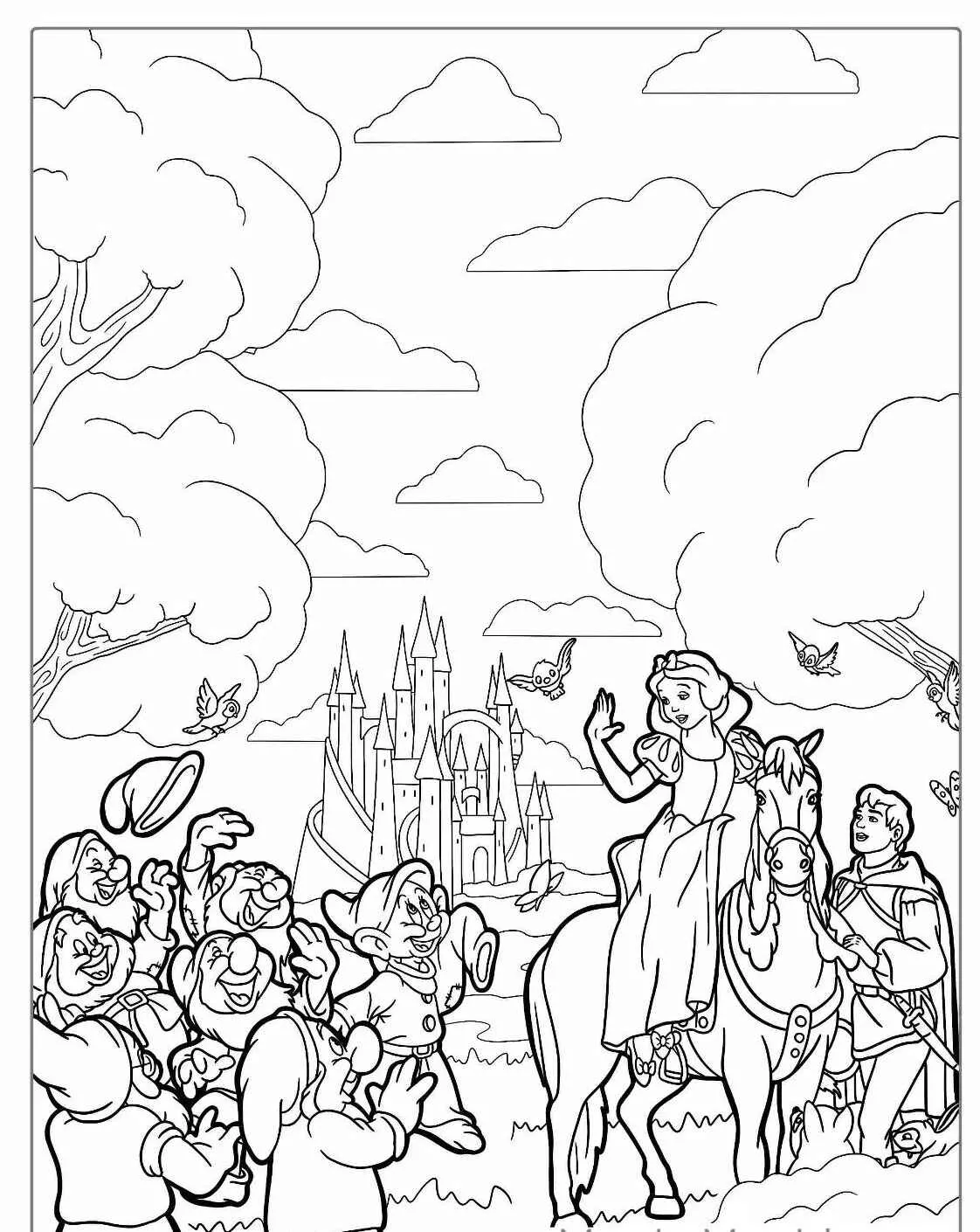 Imagem para colorir de Branca de Neve com o Príncipe e os Sete Anões em frente ao castelo