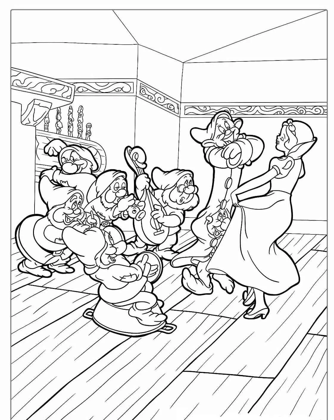 Branca de Neve dançando alegremente com os sete anões em uma sala
