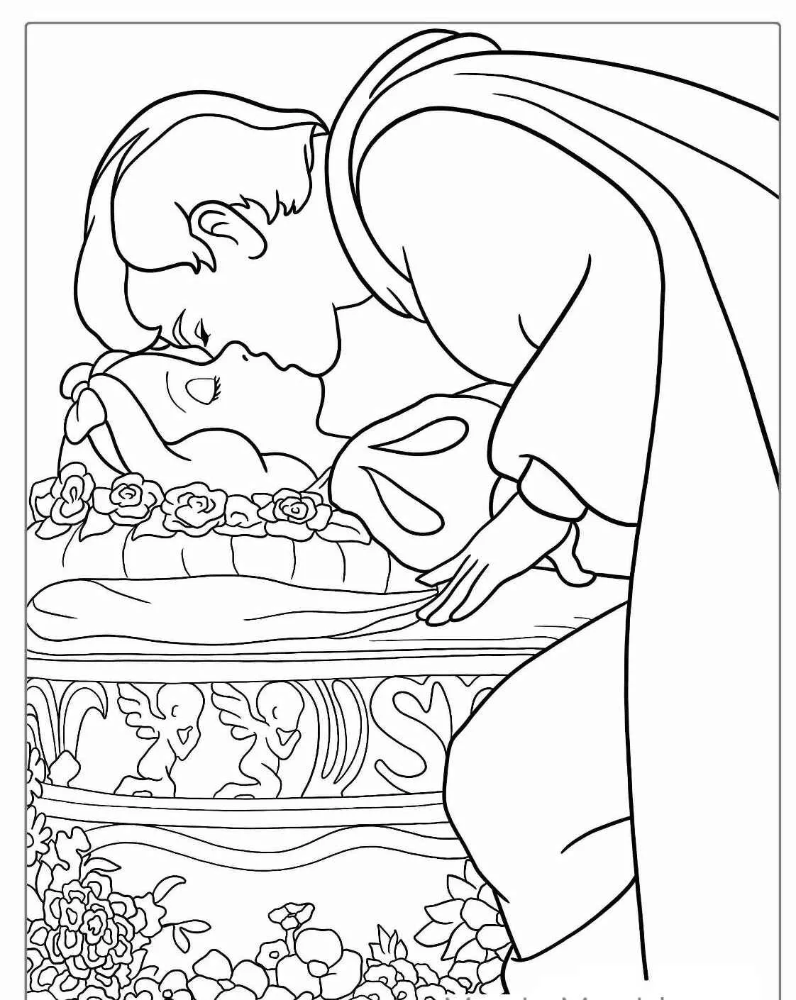 Desenho para colorir de Branca de Neve sendo beijada pelo Príncipe Encantado