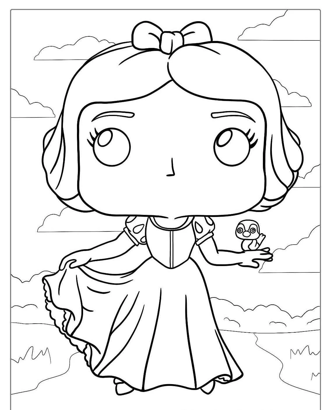 Desenho para colorir de Branca de Neve em estilo chibi segurando um passarinho