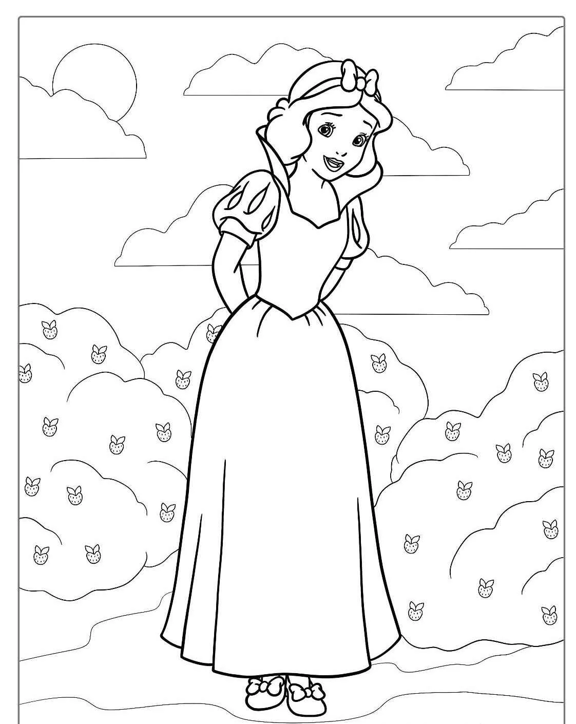 Desenho para colorir de Branca de Neve em um jardim com arbustos e céu ao fundo