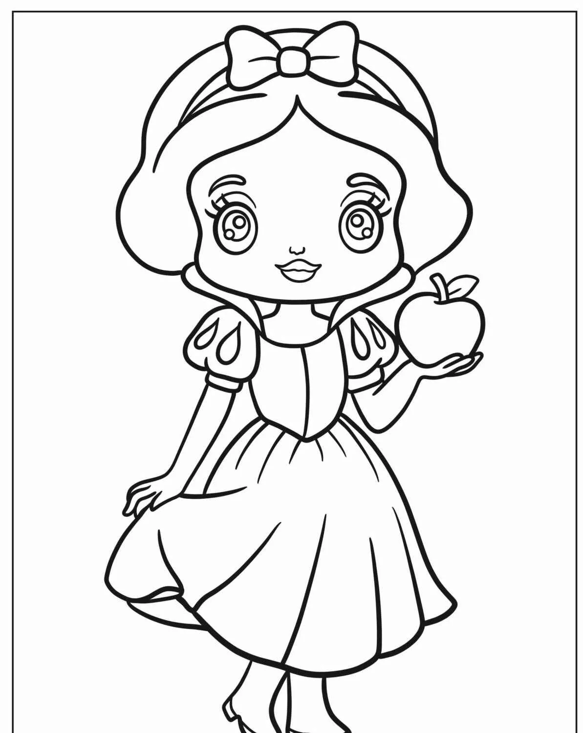 Branca de Neve segurando uma maçã, desenho para colorir