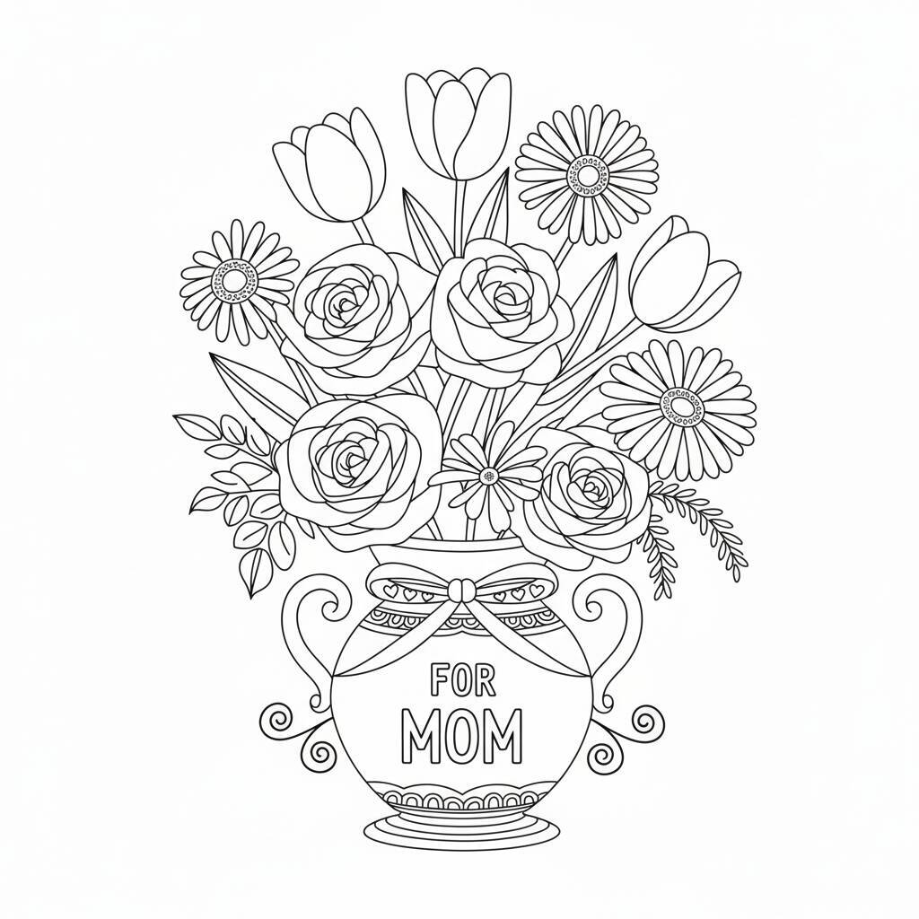 Desenho de um buquê de flores em um vaso com a inscrição 'FOR MOM' para colorir.