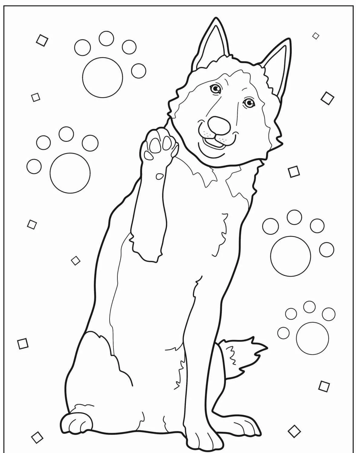 Desenho de um cachorro amigável acenando com a pata para colorir