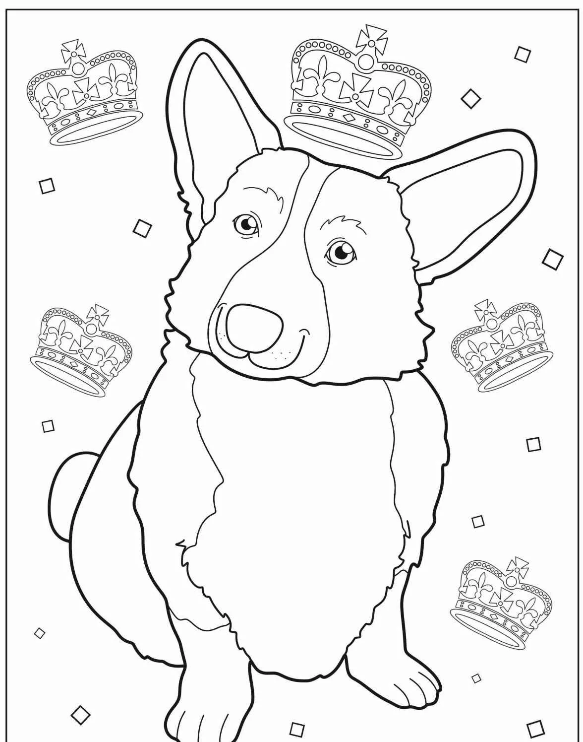 Desenho de um cachorro Corgi sentado com várias coroas ao redor para colorir