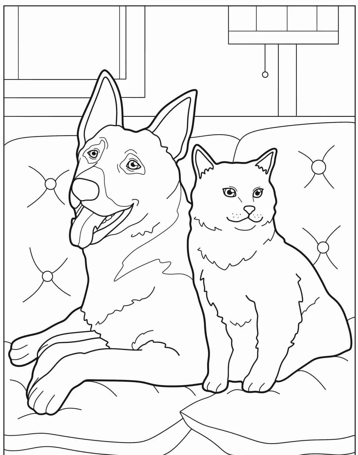 Desenho de um cachorro e um gato sentados juntos em um sofá para colorir
