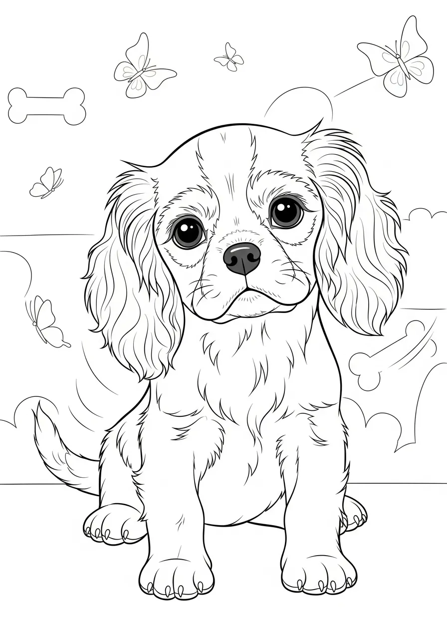Imagem de um filhote de cachorro com borboletas ao redor para colorir