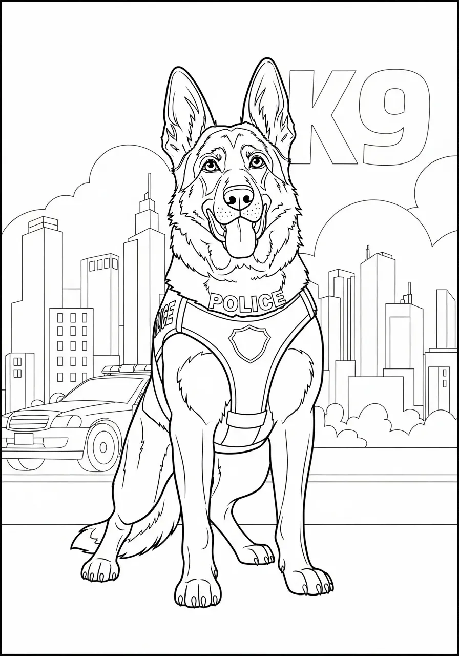 Desenho de um cachorro K9 policial sentado com prédios ao fundo para colorir