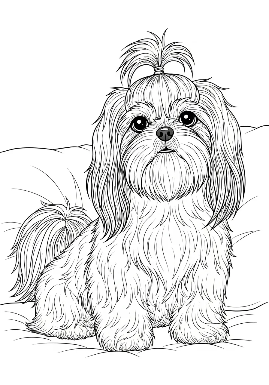 Imagem de um cachorro Shih Tzu peludo sentado para colorir