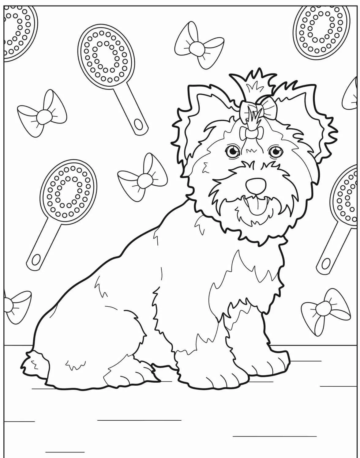 Desenho de cachorro Yorkshire com laço, ideal para colorir