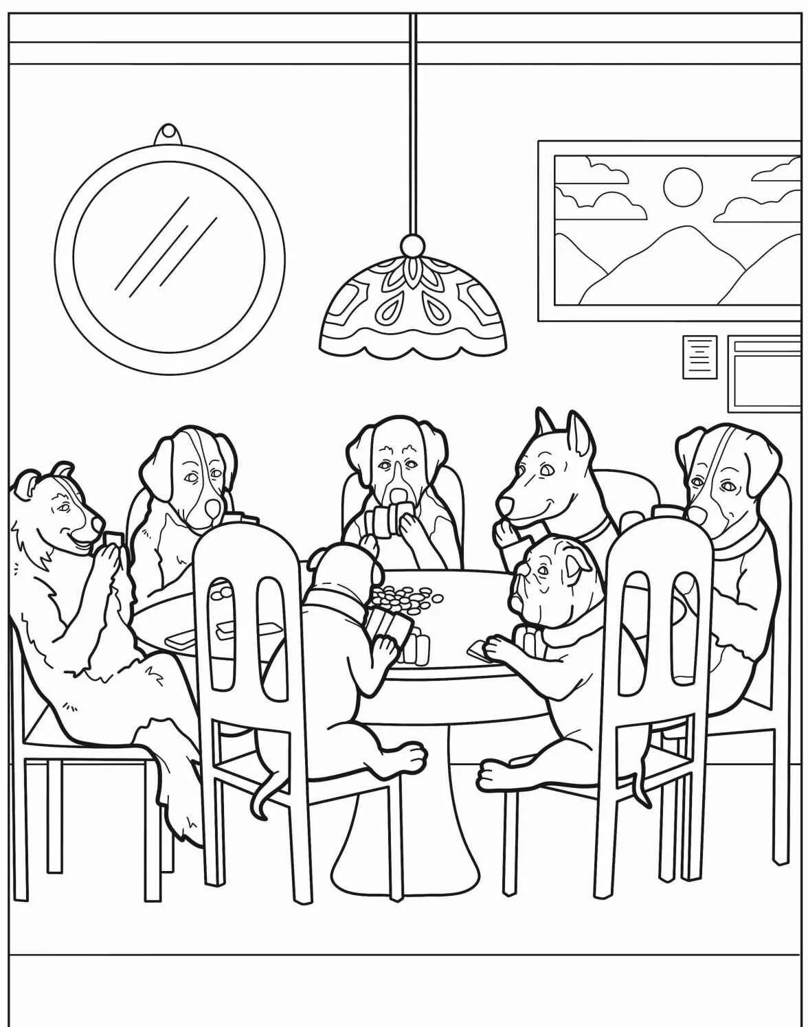 Cachorros sentados ao redor de uma mesa jogando cartas