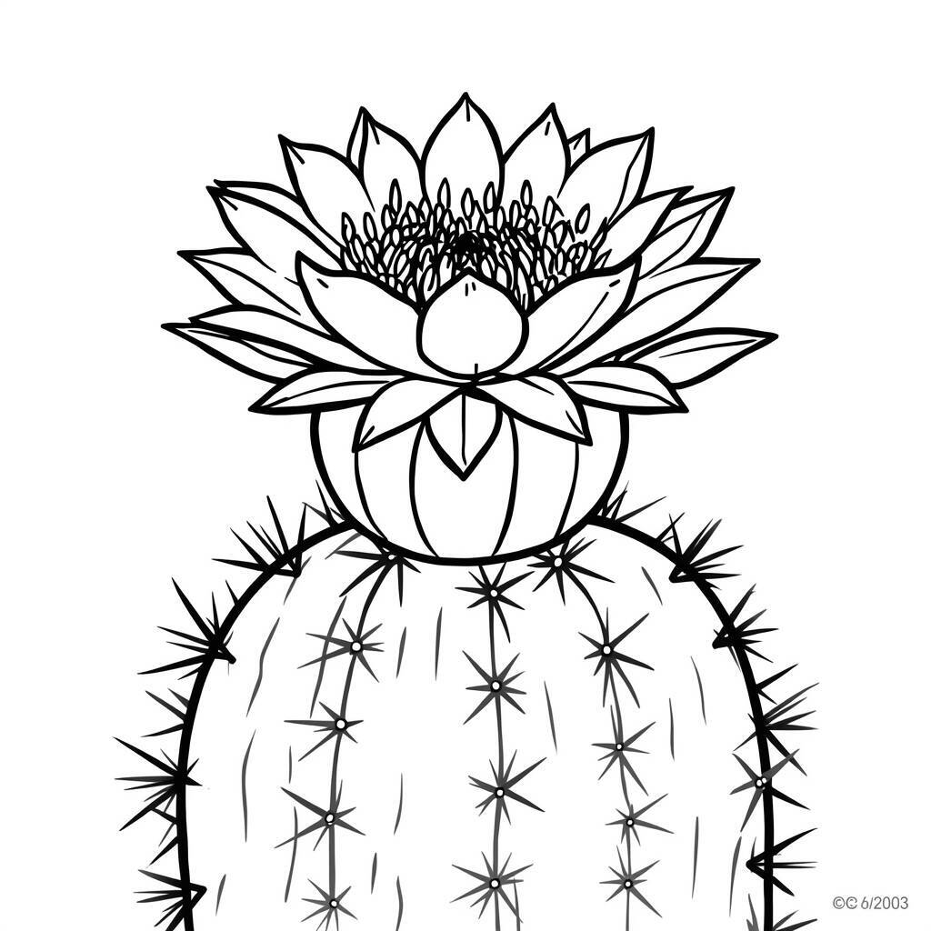 Desenho de um cacto com flor para atividades de coloração