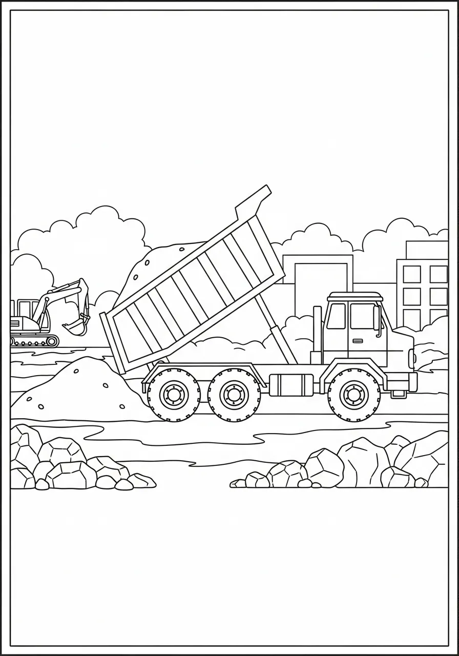 Imagem de um caminhão basculante descarregando areia em um canteiro de obras para colorir