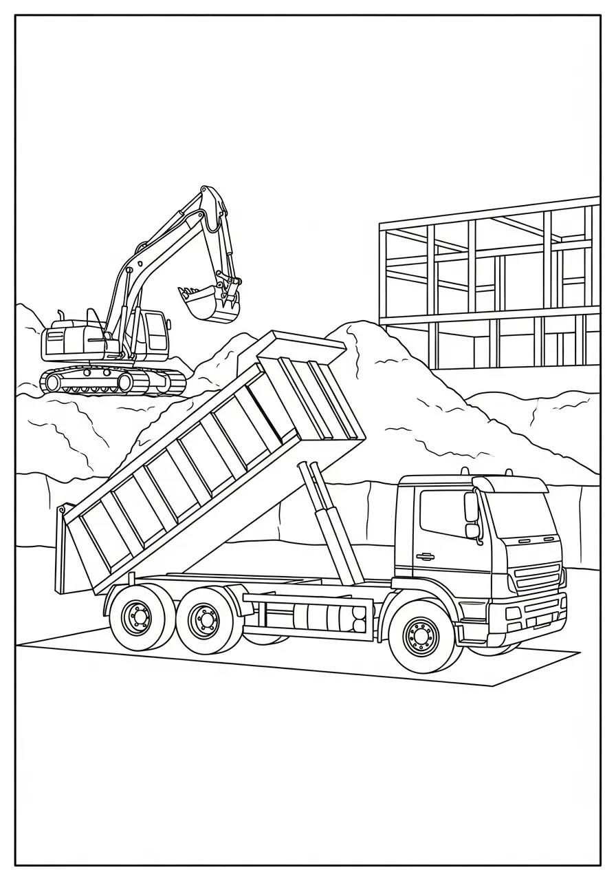 Imagem de um caminhão basculante em um canteiro de obras com uma escavadeira ao fundo