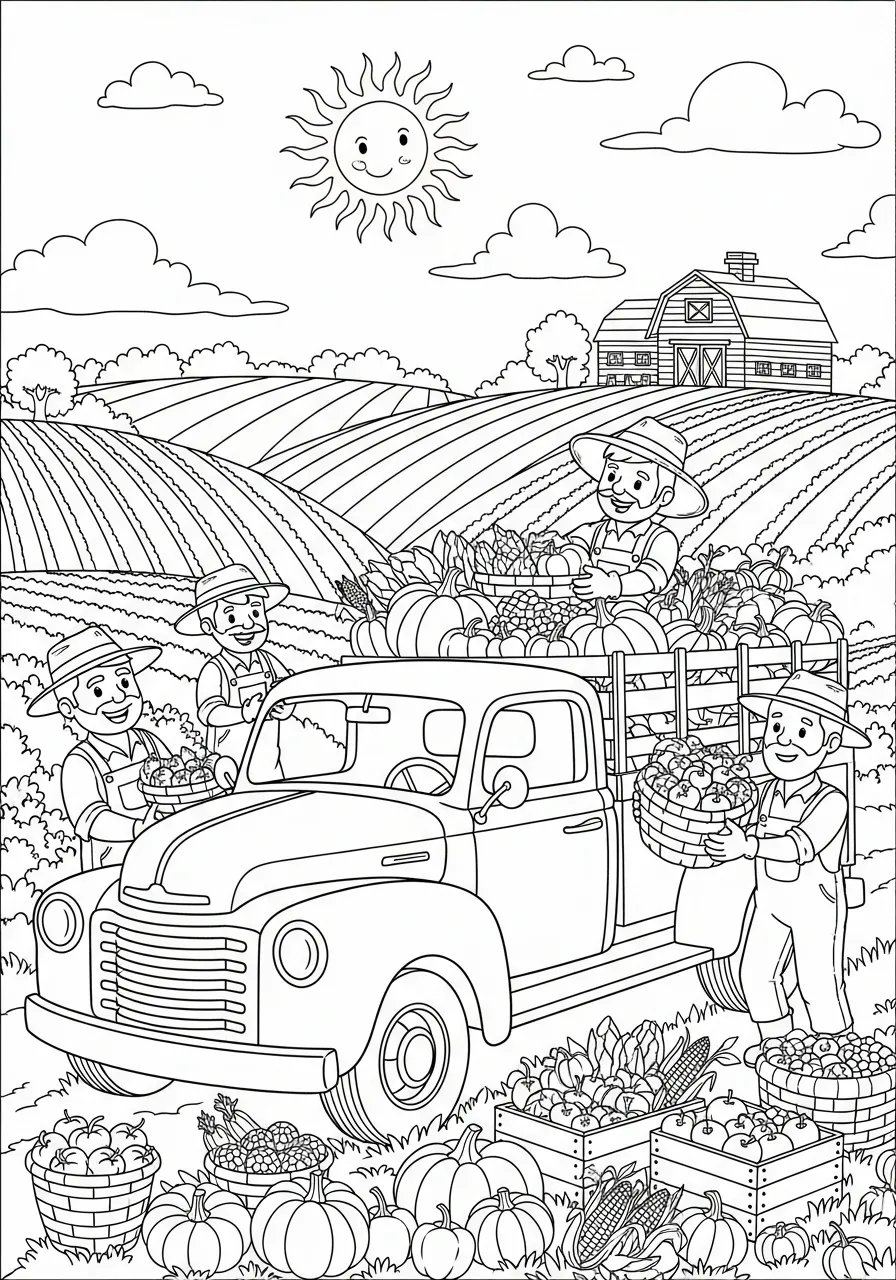 Crianças colhendo frutas e vegetais em um caminhão de fazenda para colorir