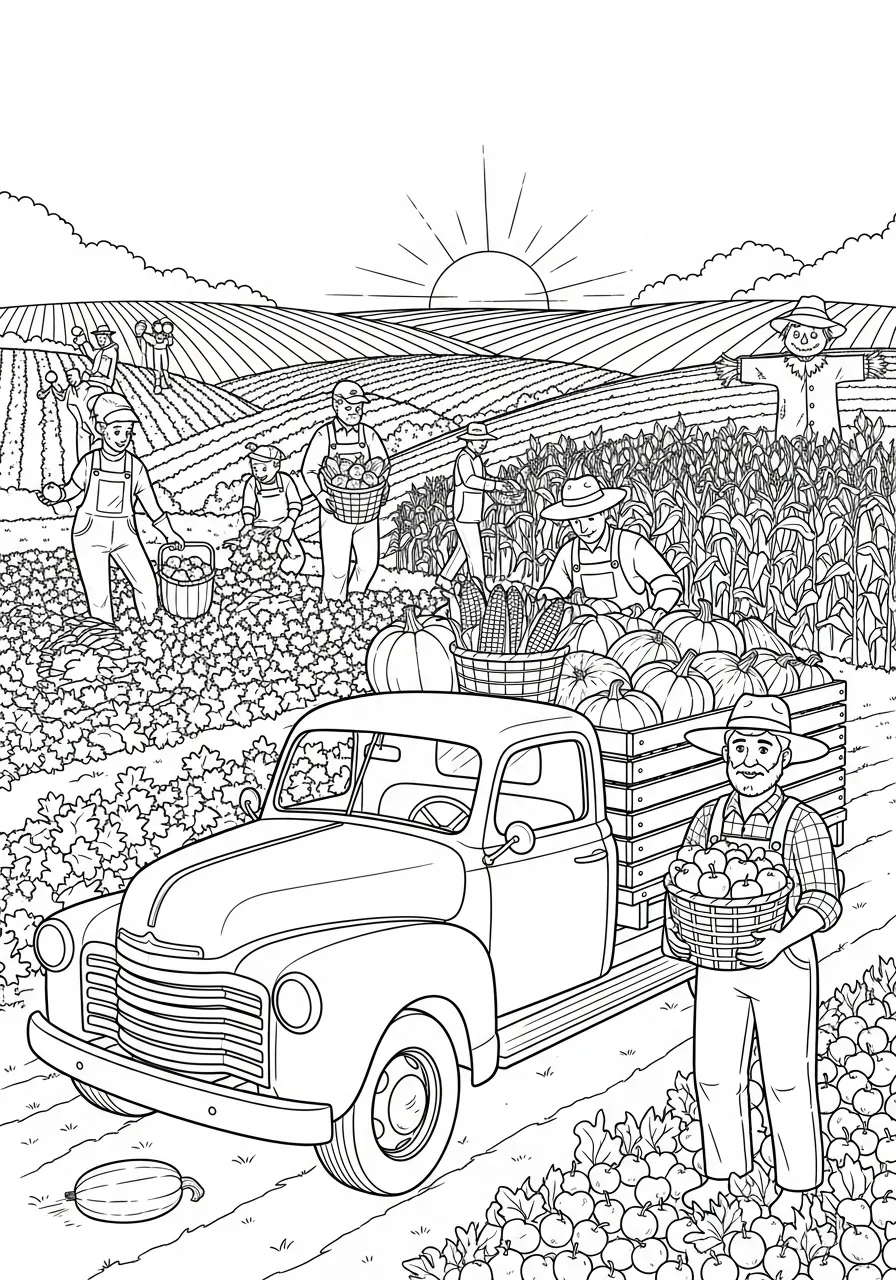 Caminhão de fazenda carregado com colheita em um campo, cercado por agricultores.