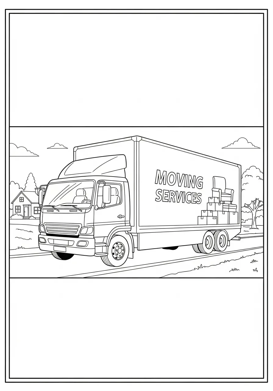 Desenho de caminhão de mudança em uma estrada rural para colorir